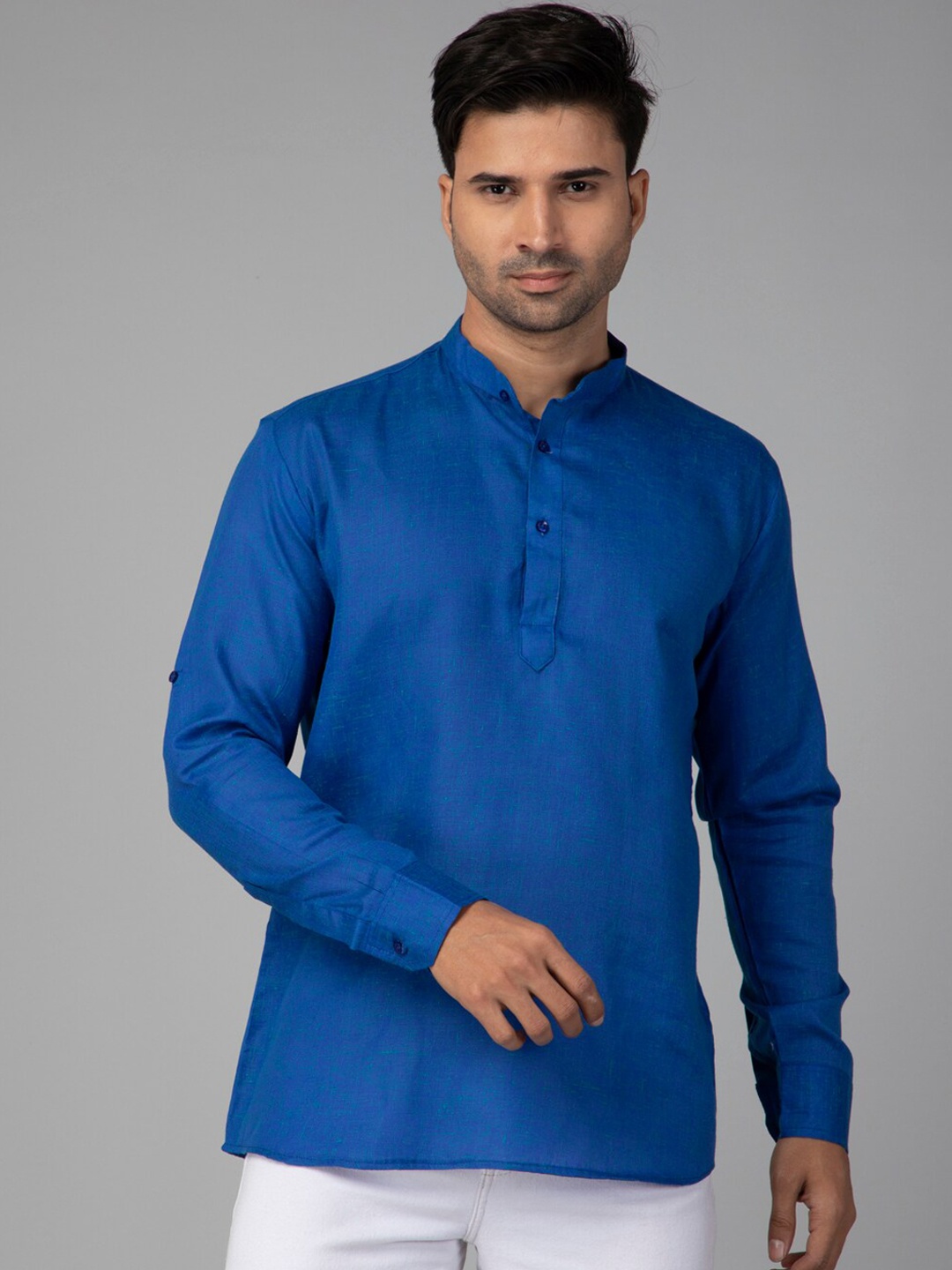 

NEUDIS Mandarin Collar Pure Cotton Straight Short Kurta, Blue