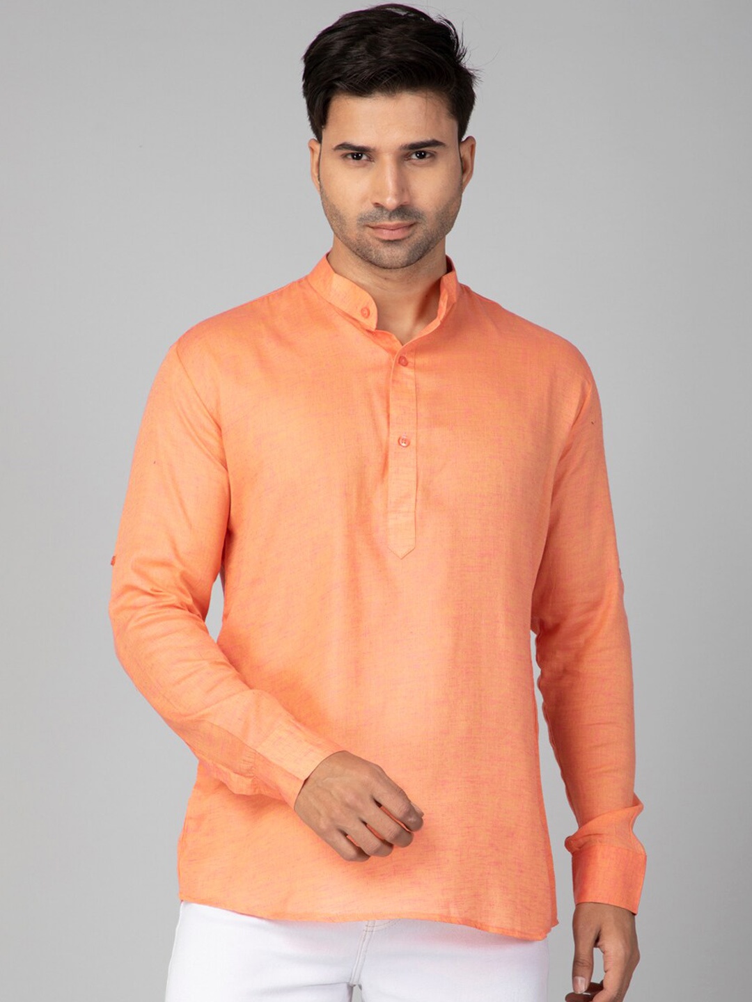 

NEUDIS Mandarin Collar Pure Cotton Straight Short Kurta, Orange