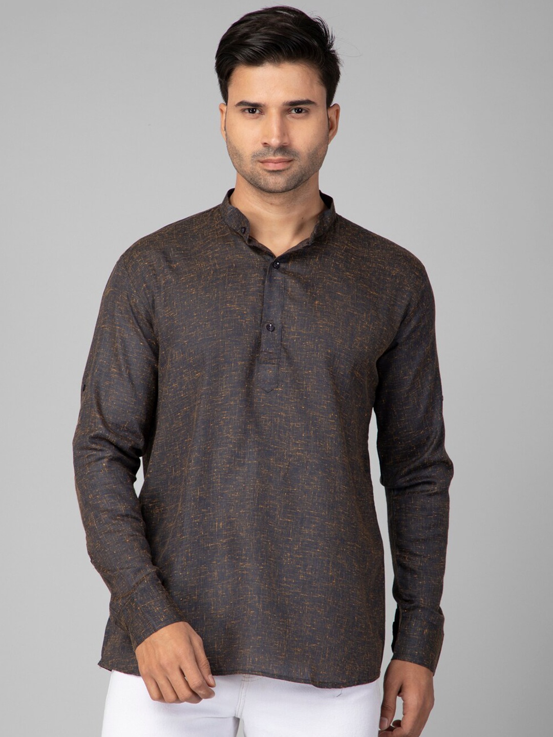 

NEUDIS Mandarin Collar Pure Cotton Straight Short Kurta, Grey