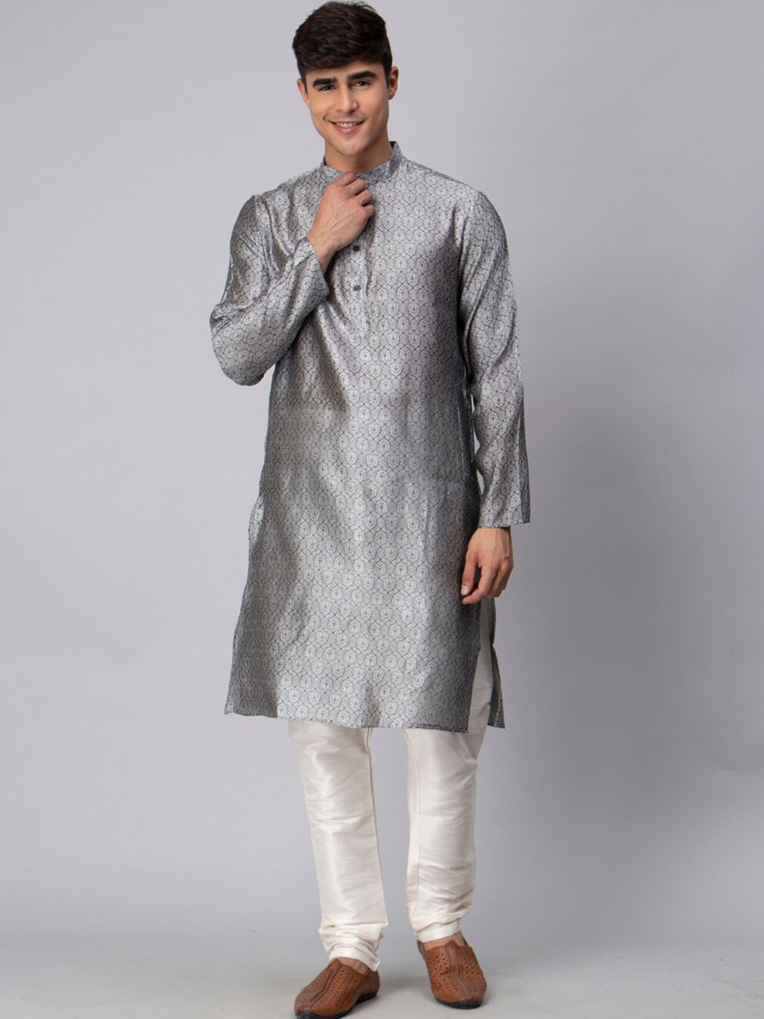 

NEUDIS Ethnic Motif Woven Design Band Collar Kurta With Churidar, Grey