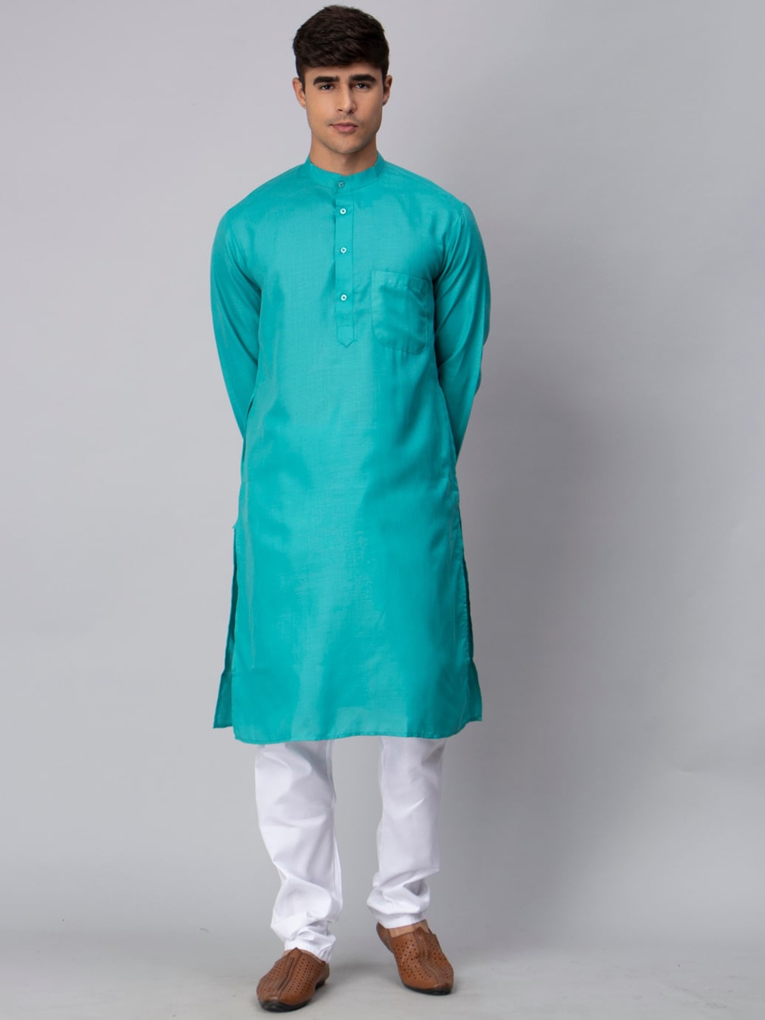 

NEUDIS Band Collar Pure Cotton Kurta With Churidar, Turquoise blue