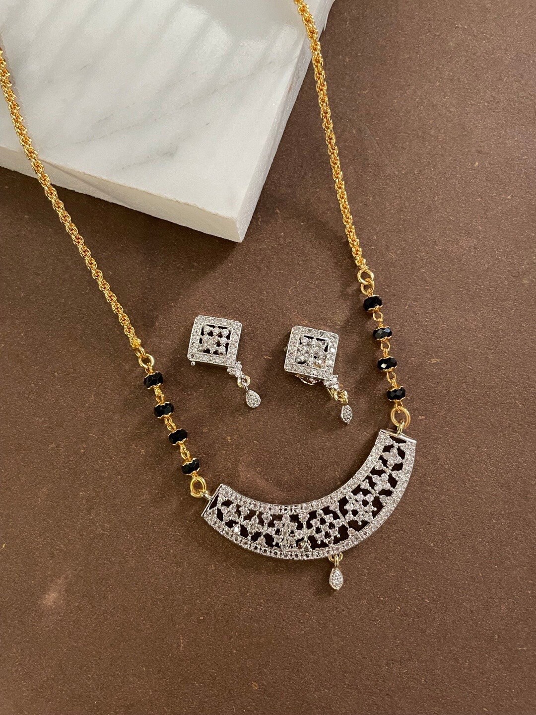 

Digital Dress Stone-Studded & Beaded Mangalsutra With Earrings, Gold