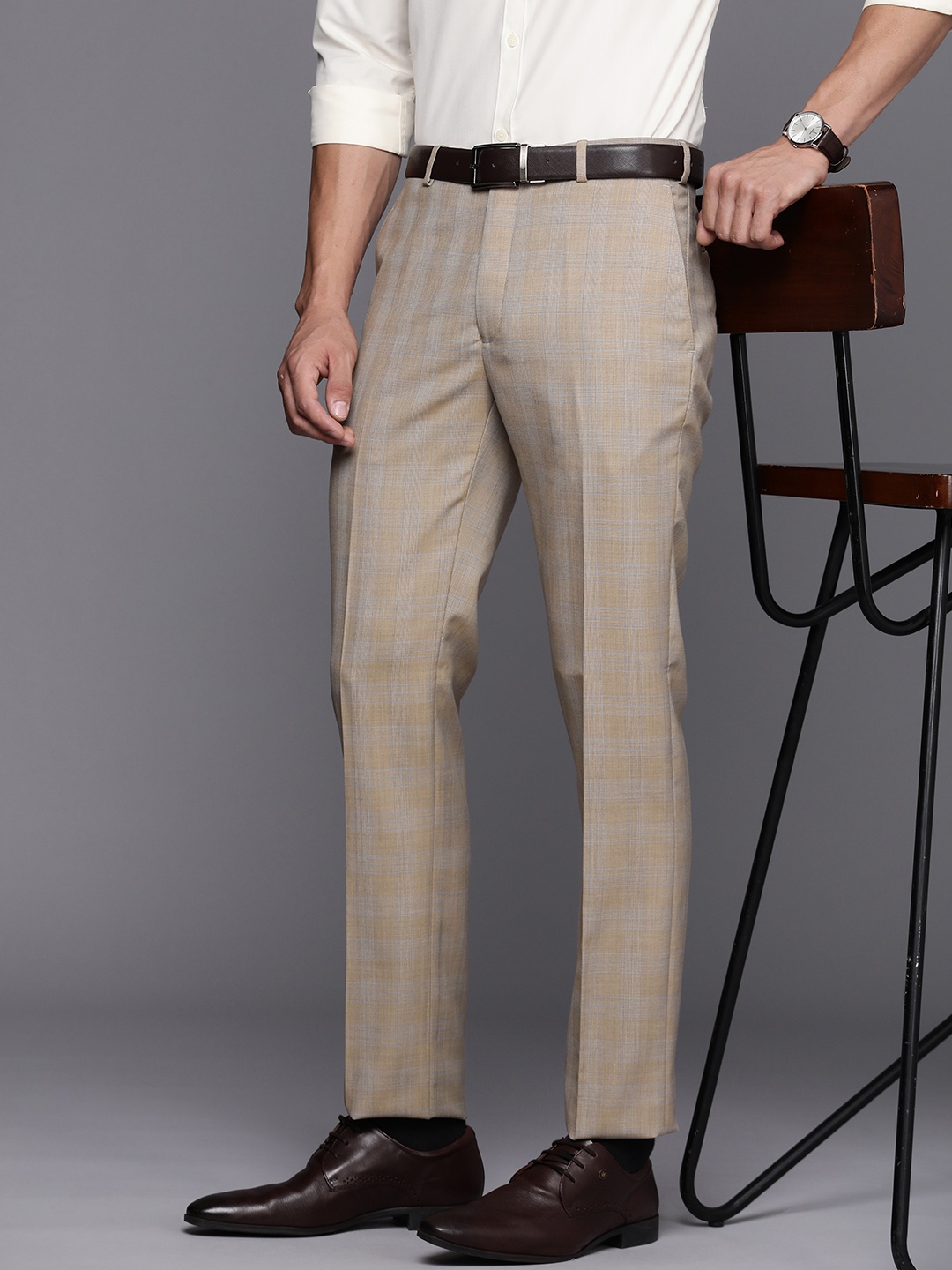 

Raymond Men Checked Flat Front Formal Trousers, Beige