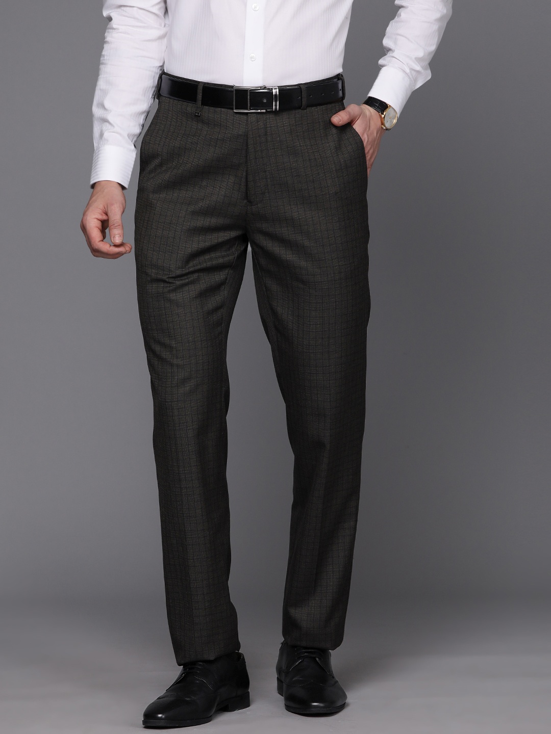 

Raymond Men Contemporary Fit Checked Trousers, Grey