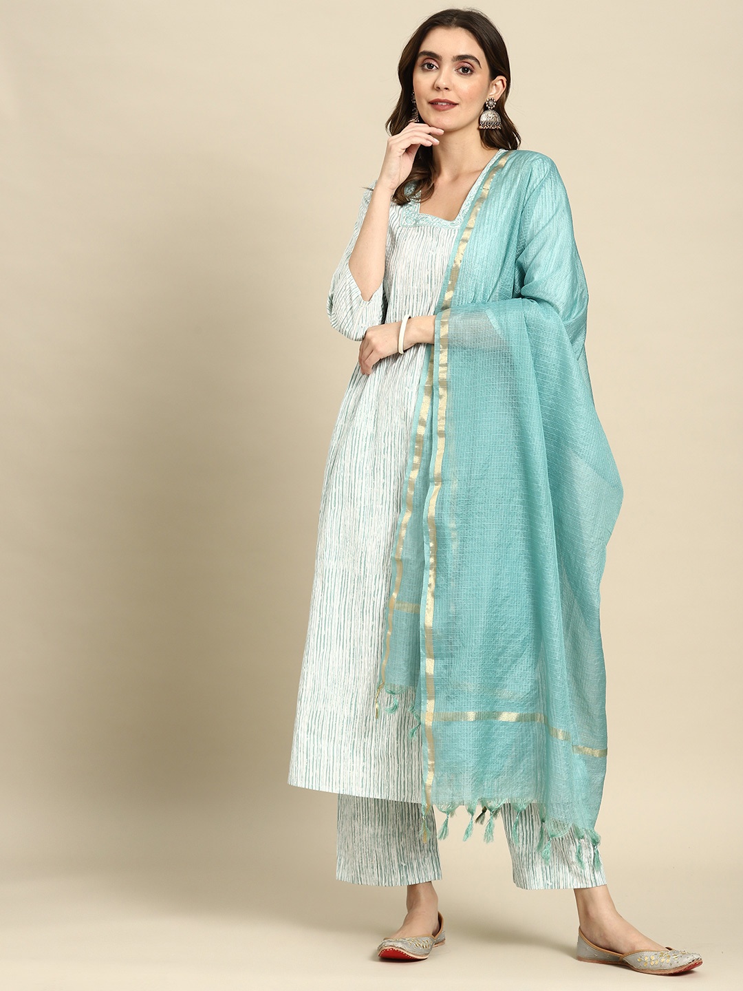 

INDYES Striped Pleated Thread Work Pure Cotton Kurta With Trousers & Dupatta, Turquoise blue