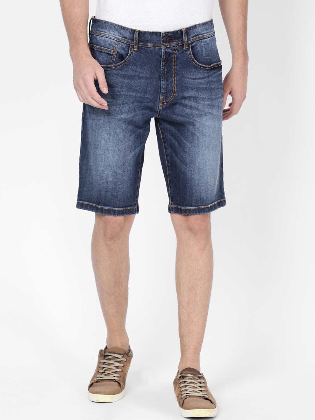 

t-base Men Washed Mid Rise Cotton Denim Shorts, Blue