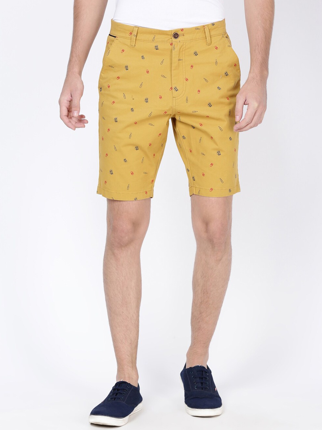 

t-base Men Conversational Printed Mid Rise Cotton Chino Shorts, Yellow