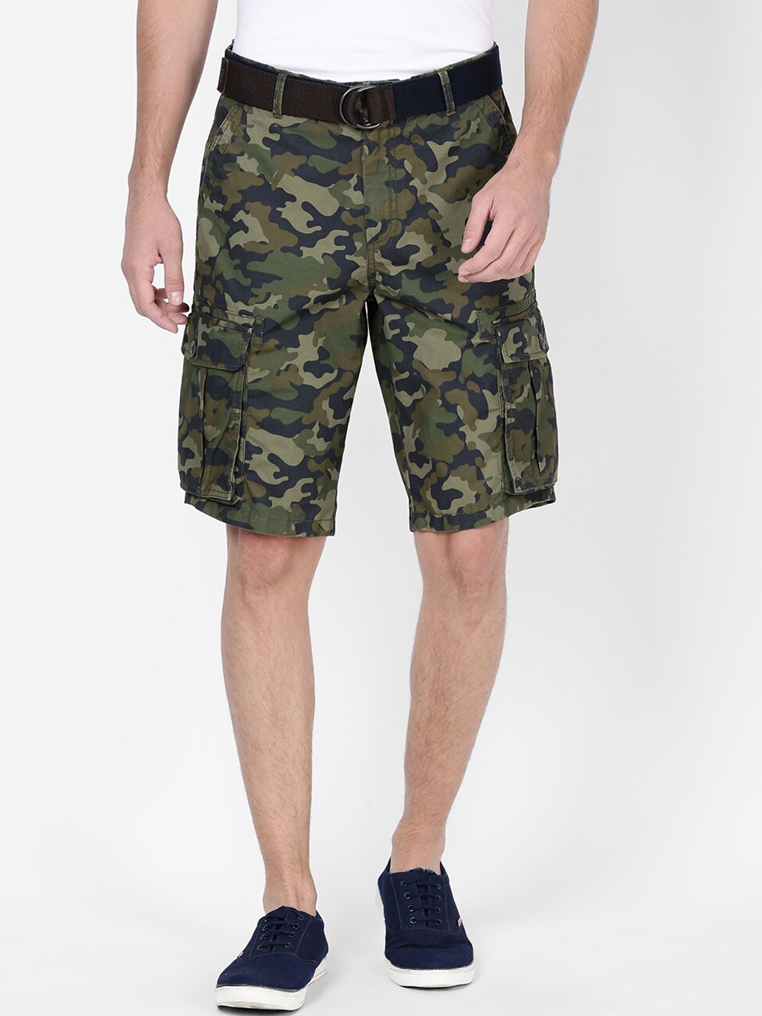 

t-base Men Camouflage Printed Cotton Cargo Shorts, Olive