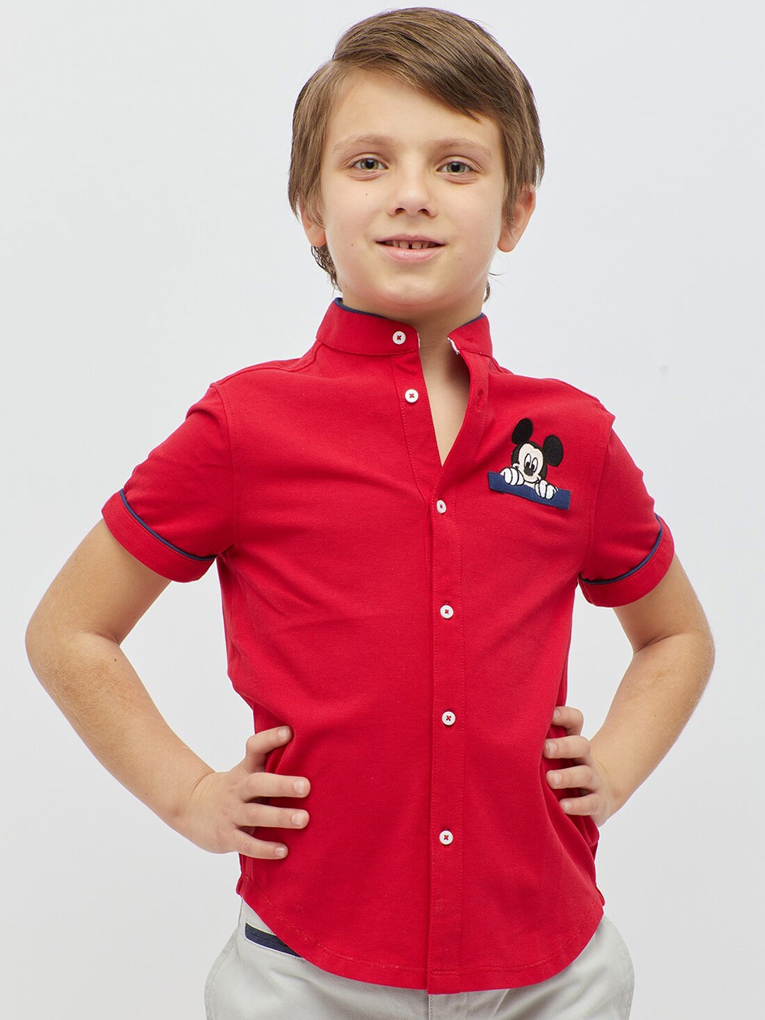 

One Friday Boys Regular Fit Mickey Mouse Mandarin Collar Shirt, Red