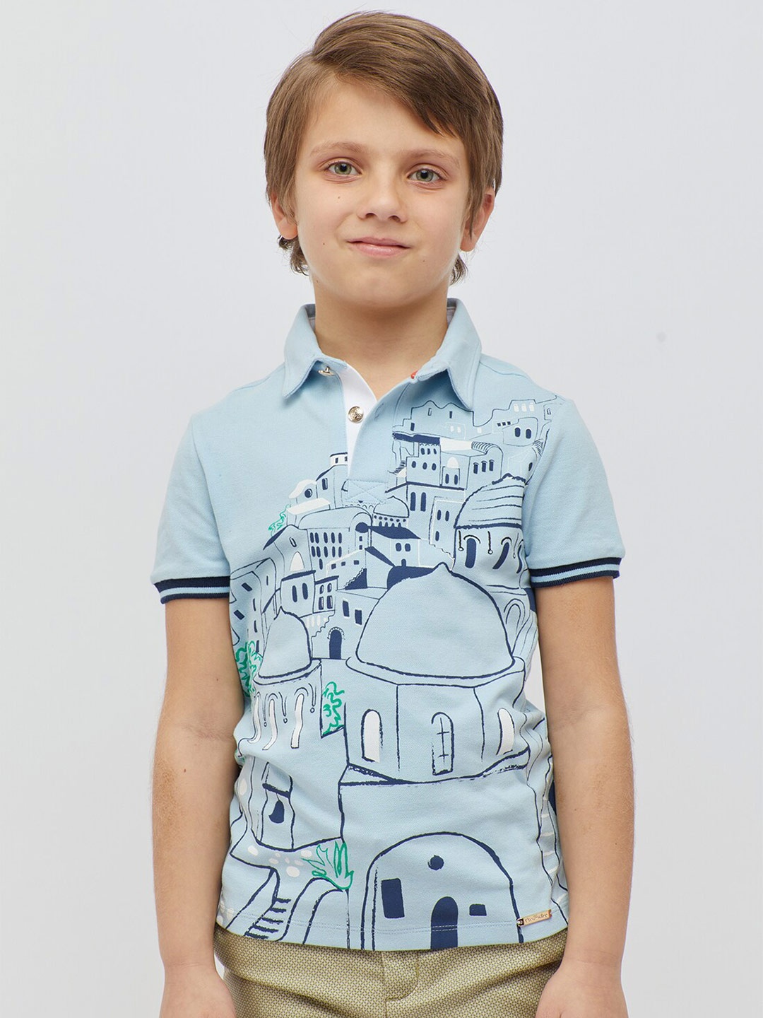 

One Friday Boys Graphic Printed Polo Collar T-shirt, Turquoise blue