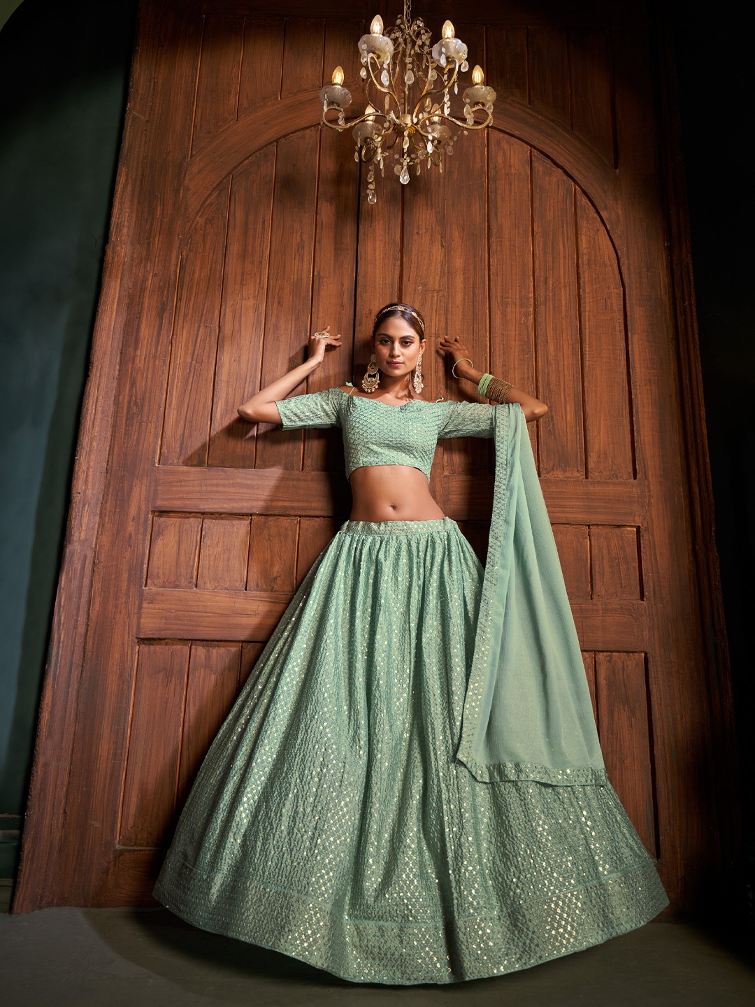 

all about you Sea Green & Gold-Toned Embroidered Sequinned Semi-Stitched Lehenga Choli