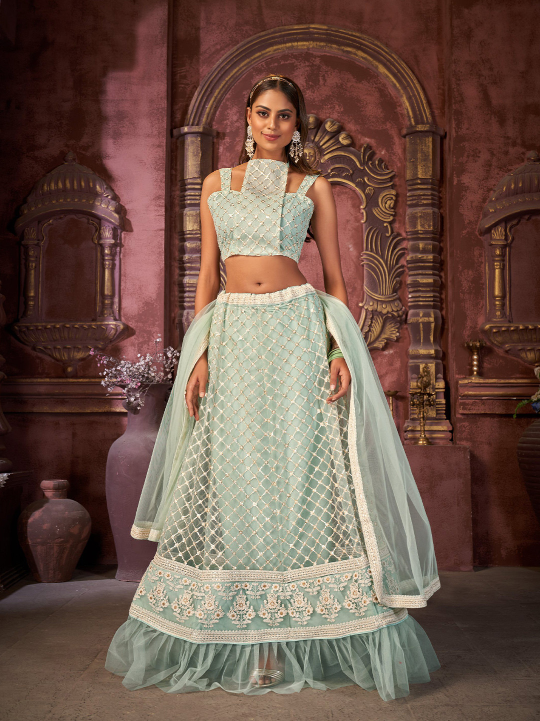 

all about you Blue & Gold-Toned Embroidered Thread Work Semi-Stitched Lehenga Choli