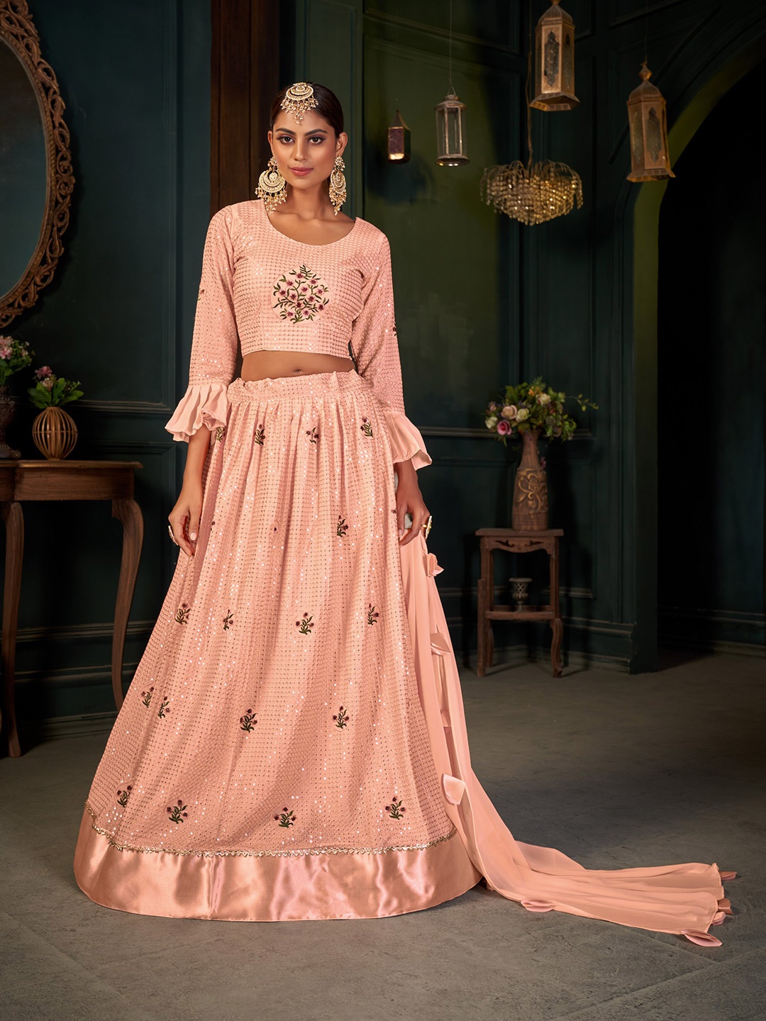 

all about you Embellished Sequinned Semi-Stitched Lehenga Set, Peach