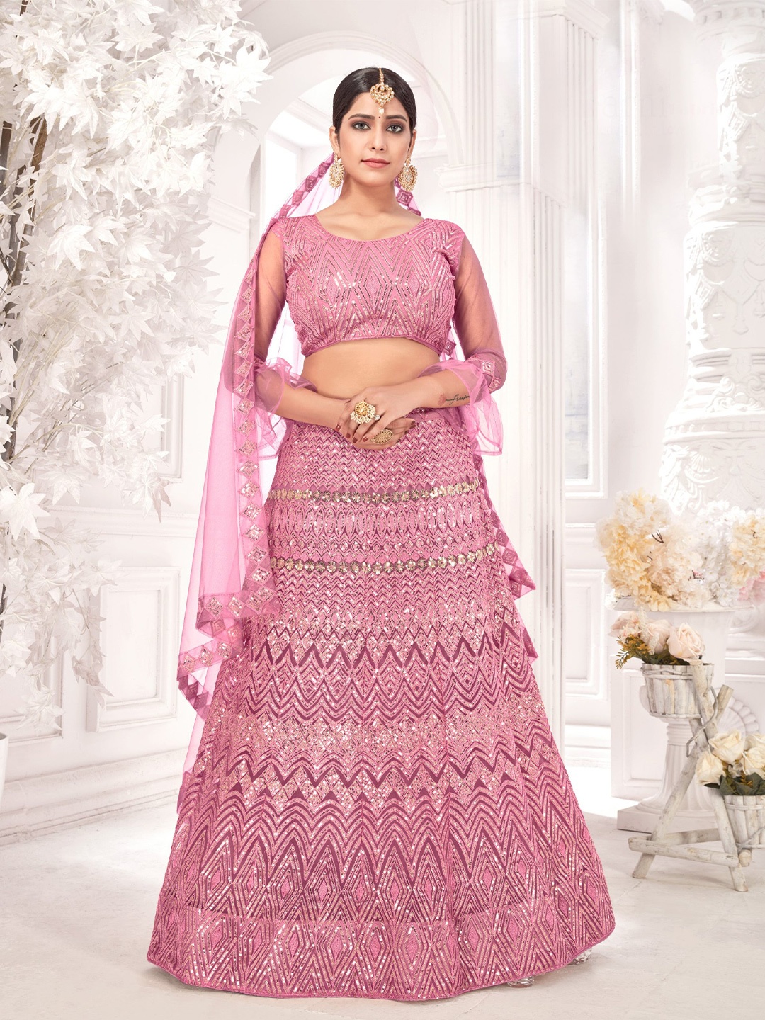 

all about you Embroidered Sequinned Semi-Stitched Lehenga Set, Pink