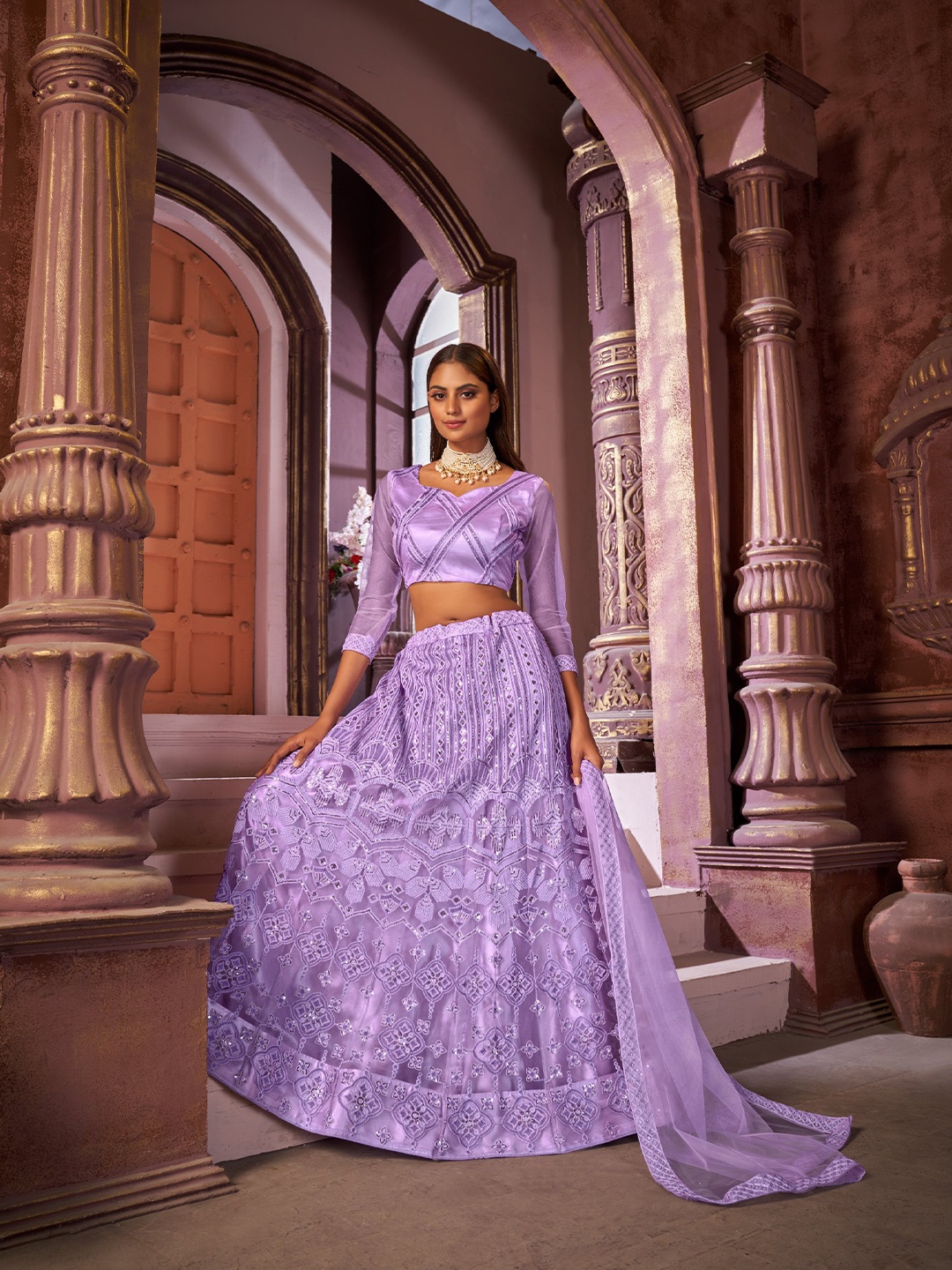 

all about you Violet Embroidered Sequinned Semi-Stitched Lehenga & Unstitched Blouse With Dupatta
