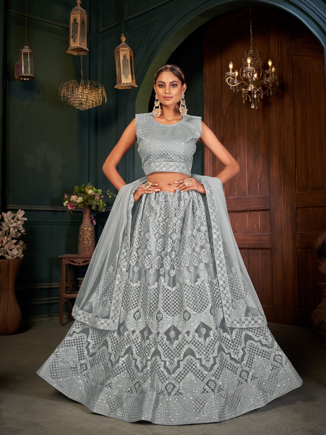 

all about you Embroidered Sequinned Semi-Stitched Lehenga & Unstitched Blouse With, Grey