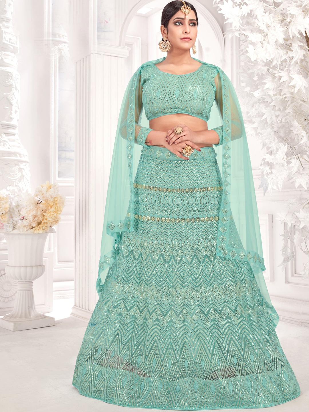 

all about you Sea Green Embroidered Sequinned Semi-Stitched Lehenga & Unstitched Blouse With Dupatta