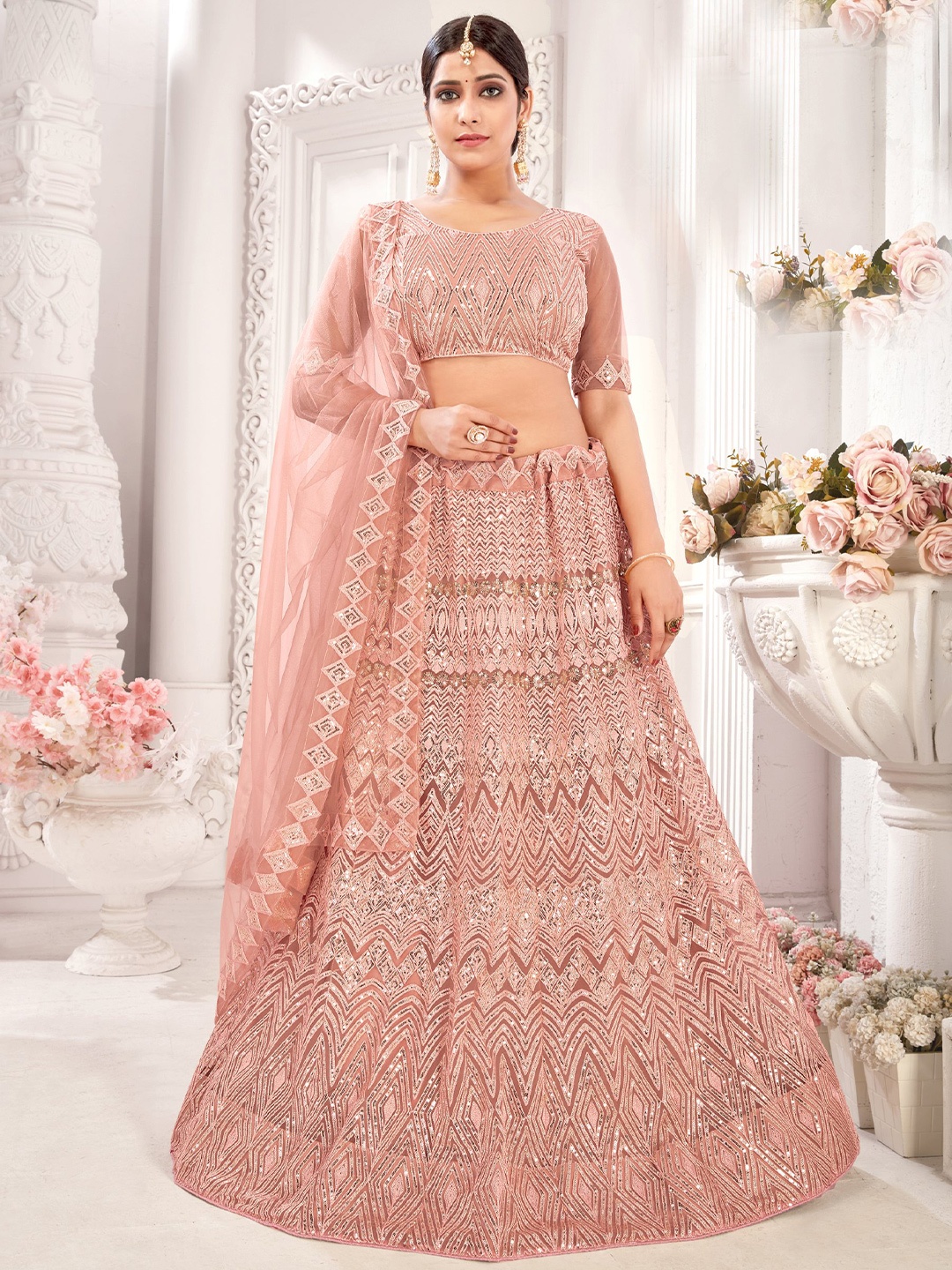 

all about you Peach-Coloured Embroidered Sequinned Semi-Stitched Lehenga & Unstitched Blouse With Dupatta