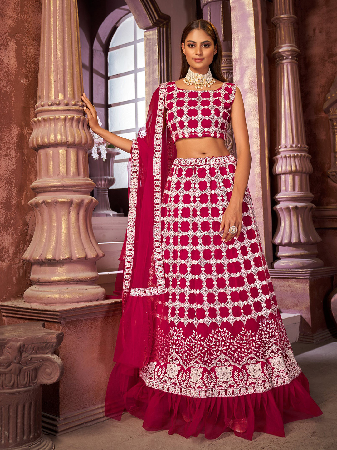 

all about you Pink & White Embroidered Thread Work Semi-Stitched Lehenga & Unstitched Blouse With Dupatta