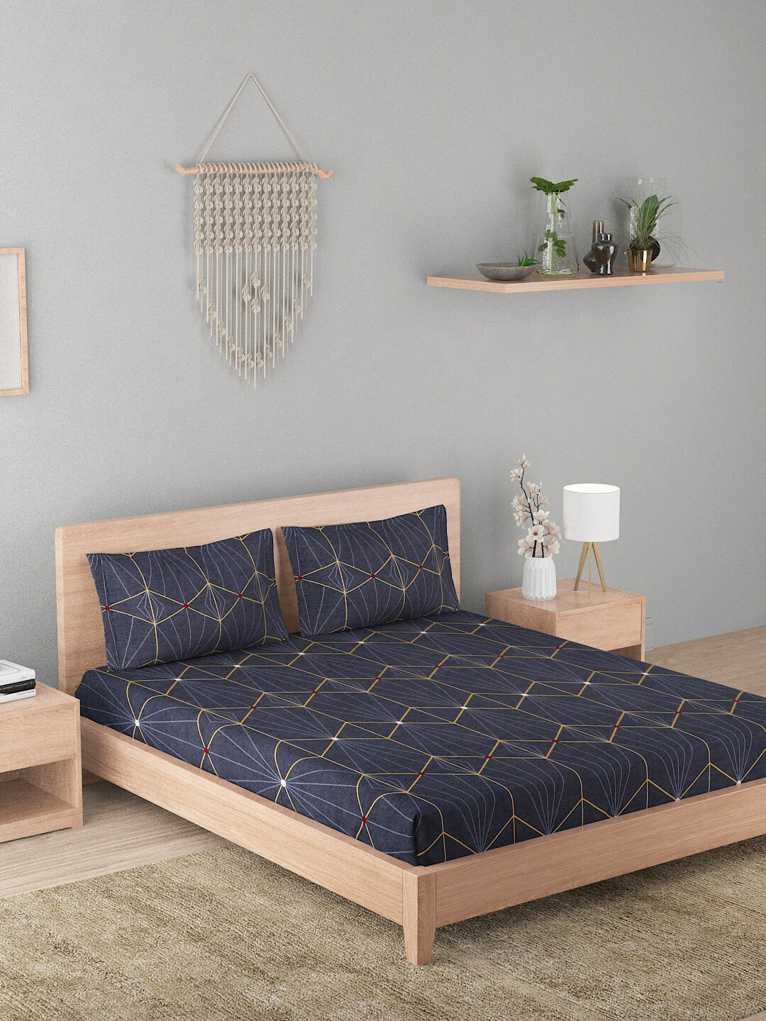 

A Homes Grace Elegencia Brown & Blue Printed 210 TC Queen Bedsheet & 2 Pillow Covers