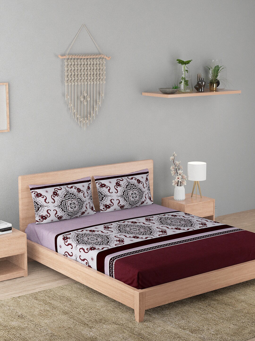

A Homes Grace Elegencia White & Red Printed 210 TC Queen Bedsheet & 2 Pillow Covers