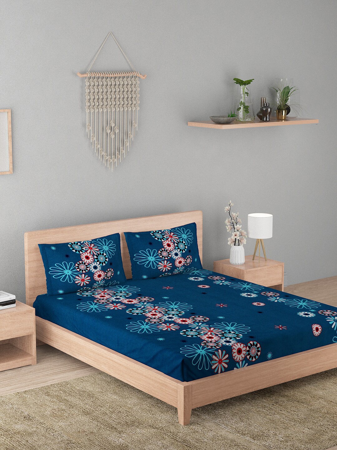 

A Homes Grace Elegencia Blue & Red Printed 210 TC Queen Bedsheet & 2 Pillow Covers