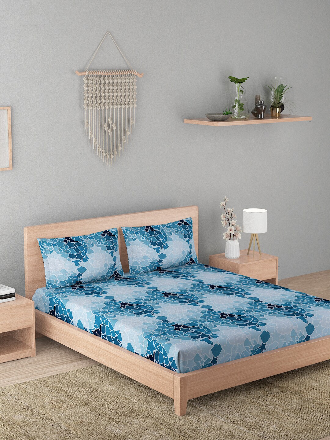 

A Homes Grace Elegencia Turquoise Blue Printed 210 TC Queen Bedsheet & 2 Pillow Covers