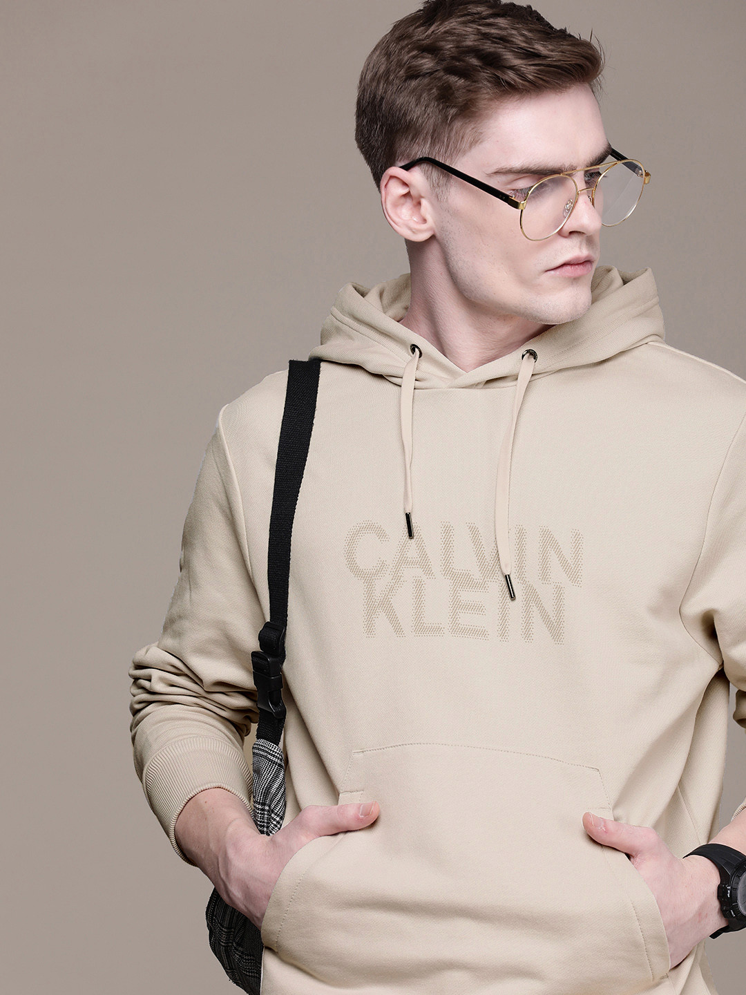 

Calvin Klein Jeans Brand Logo Print Knitted Hooded Pure Cotton Sweatshirt, Beige