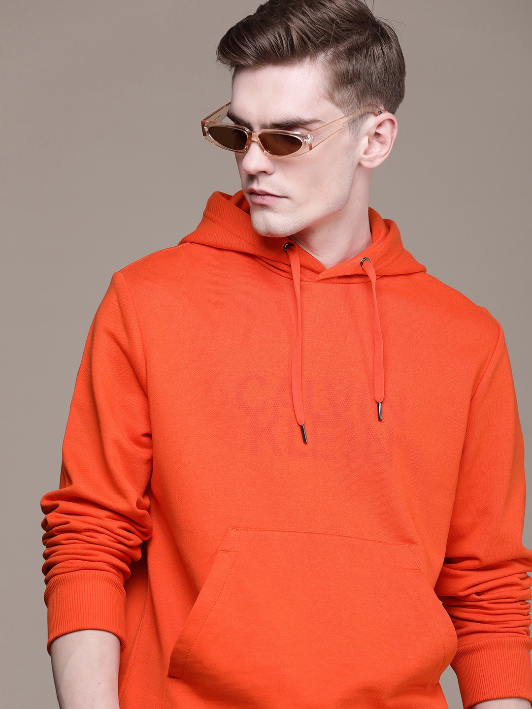 

Calvin Klein Jeans Brand Logo Print Knitted Hooded Pure Cotton Sweatshirt, Orange