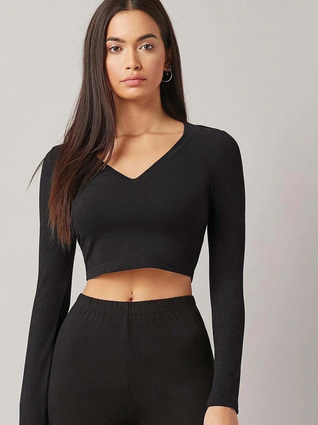 

KALINI V-Neck Cotton Fitted Crop Top, Black