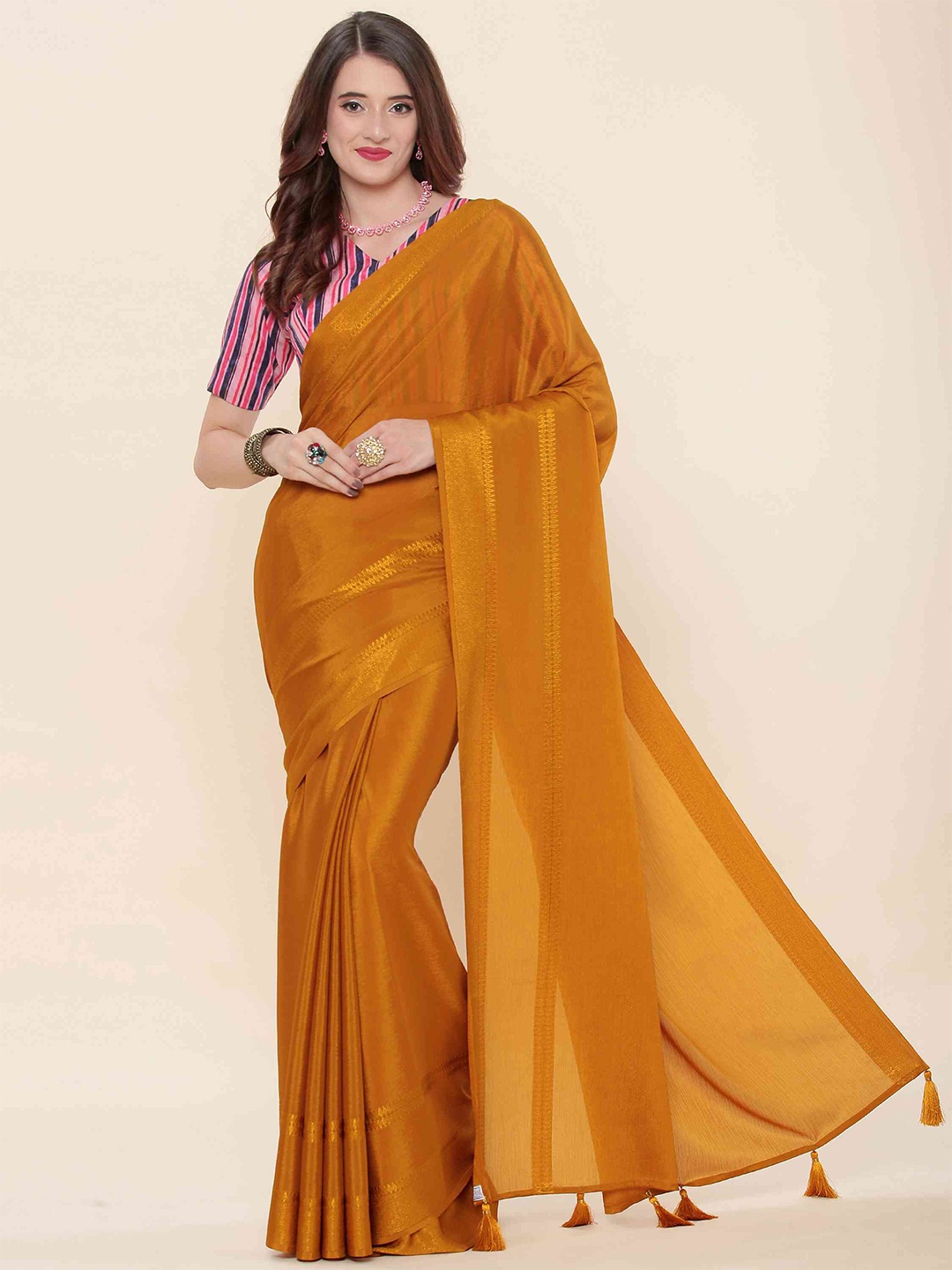 

elora Striped Art Silk Saree, Mustard