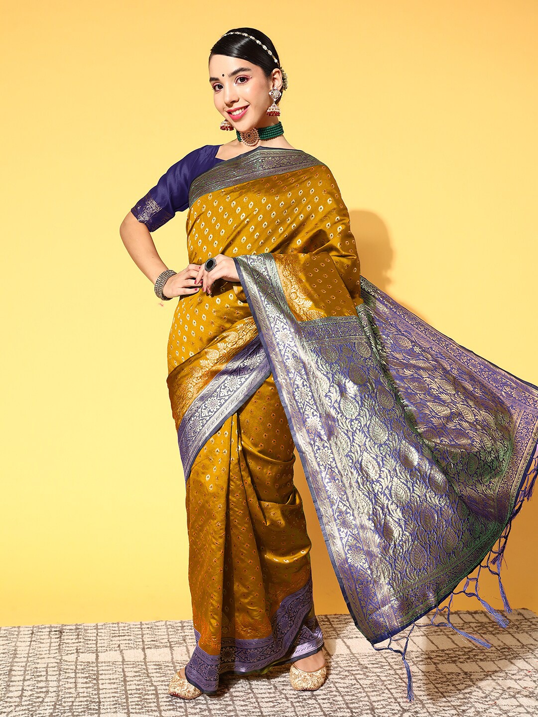 

Saree mall Mustard Yellow & Blue Ethnic Motif Woven Design Zari Paithani Sarees