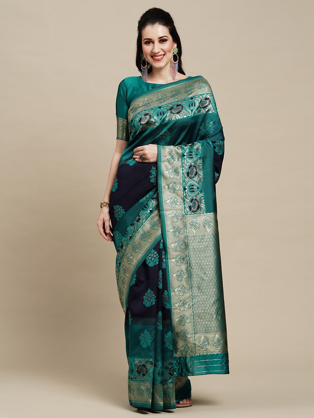 

Saree mall Teal Blue & Gold-Toned Floral Woven Design Zari Kanjeevaram Sarees