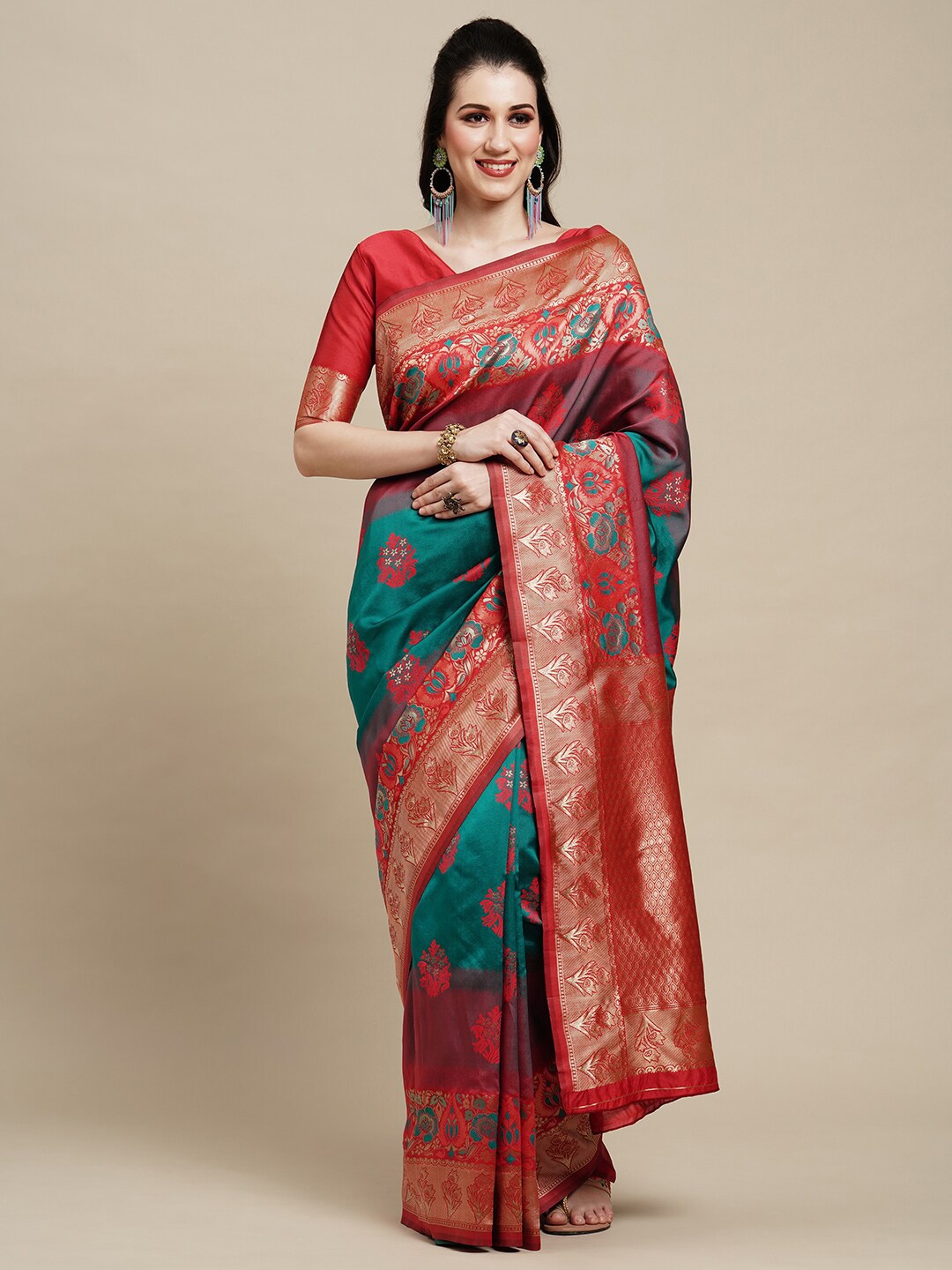 

Saree mall Teal & Red Floral Woven Design Zari Kanjeevaram Sarees