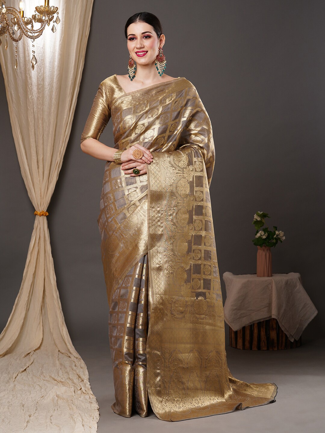 

Saree mall Grey & Gold-Toned Ethnic Motif Woven Design Zari Organza Banarasi Sarees