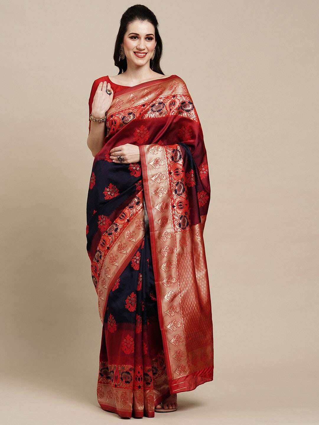 

Saree mall Navy Blue & Gold-Toned Floral Woven Design Zari Kanjeevaram Sarees