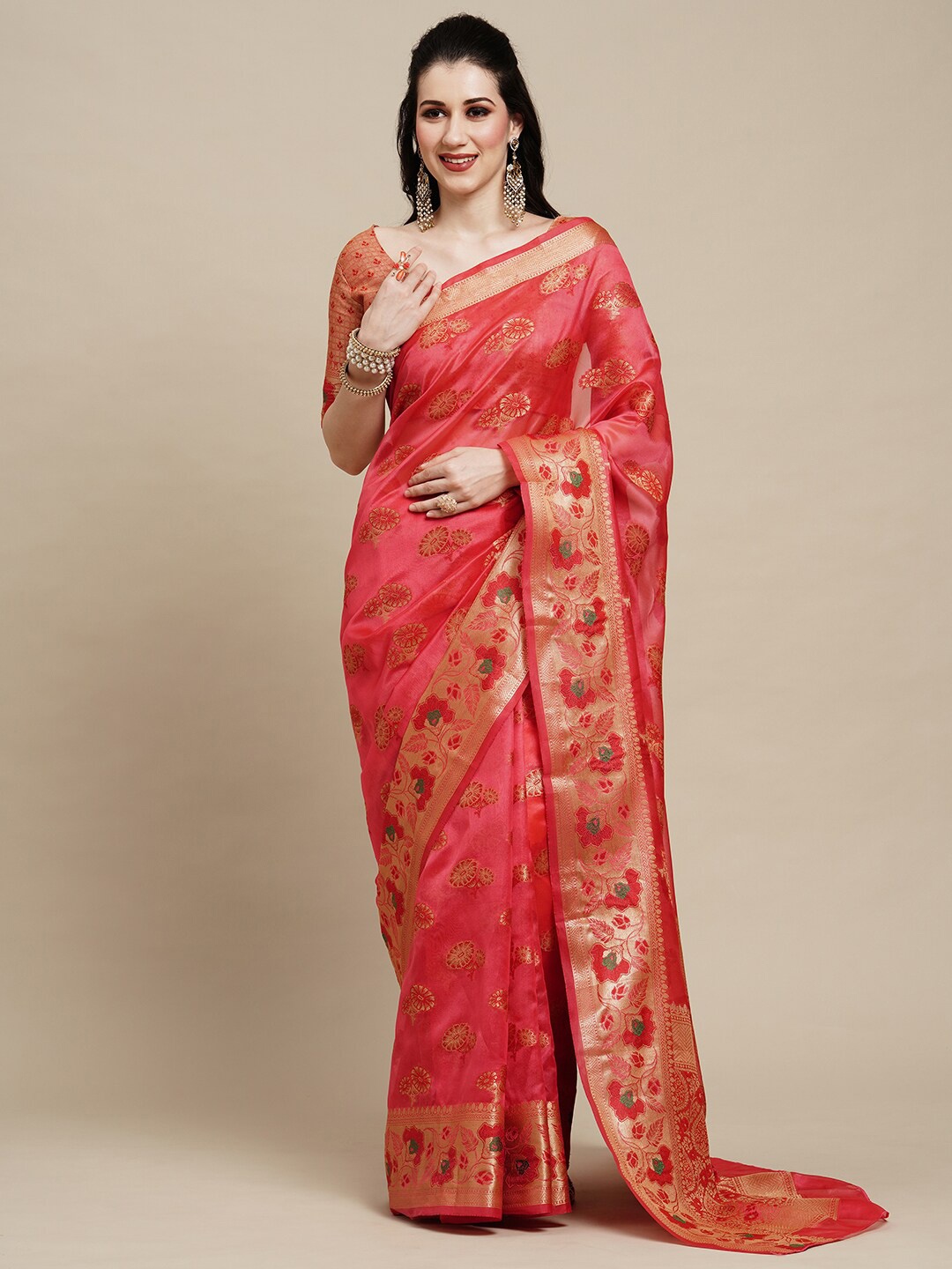 

Saree mall Pink & Green Floral Woven Design Zari Organza Banarasi Sarees