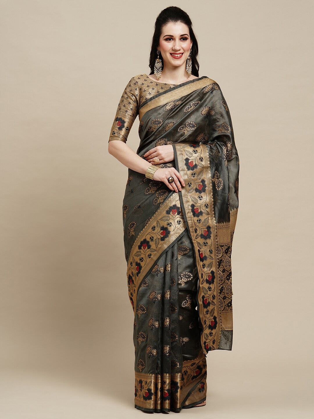 

Saree mall Grey & Gold-Toned Floral Woven Design Zari Organza Banarasi Sarees