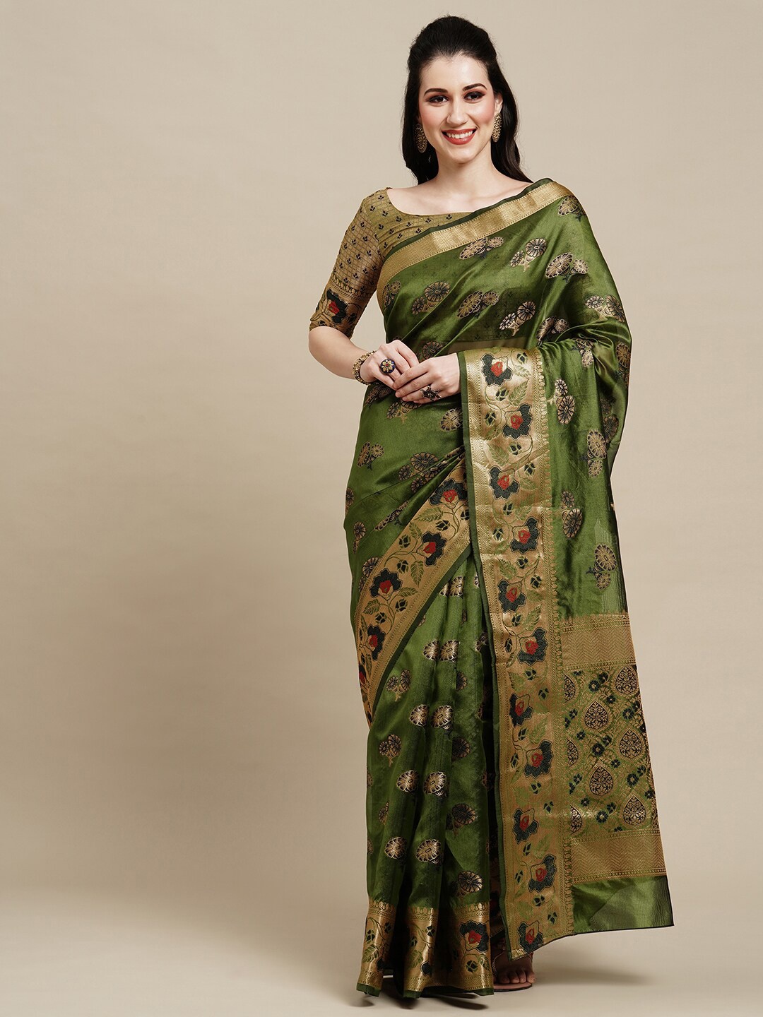 

Saree mall Green & Red Floral Woven Design Zari Organza Banarasi Sarees