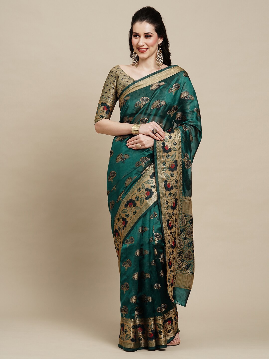

Saree mall Teal & Red Floral Woven Design Zari Organza Banarasi Sarees