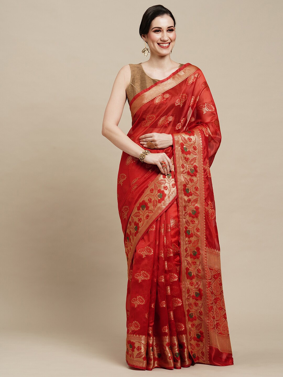 

Saree mall Red & Gold-Toned Floral Woven Design Zari Organza Banarasi Sarees