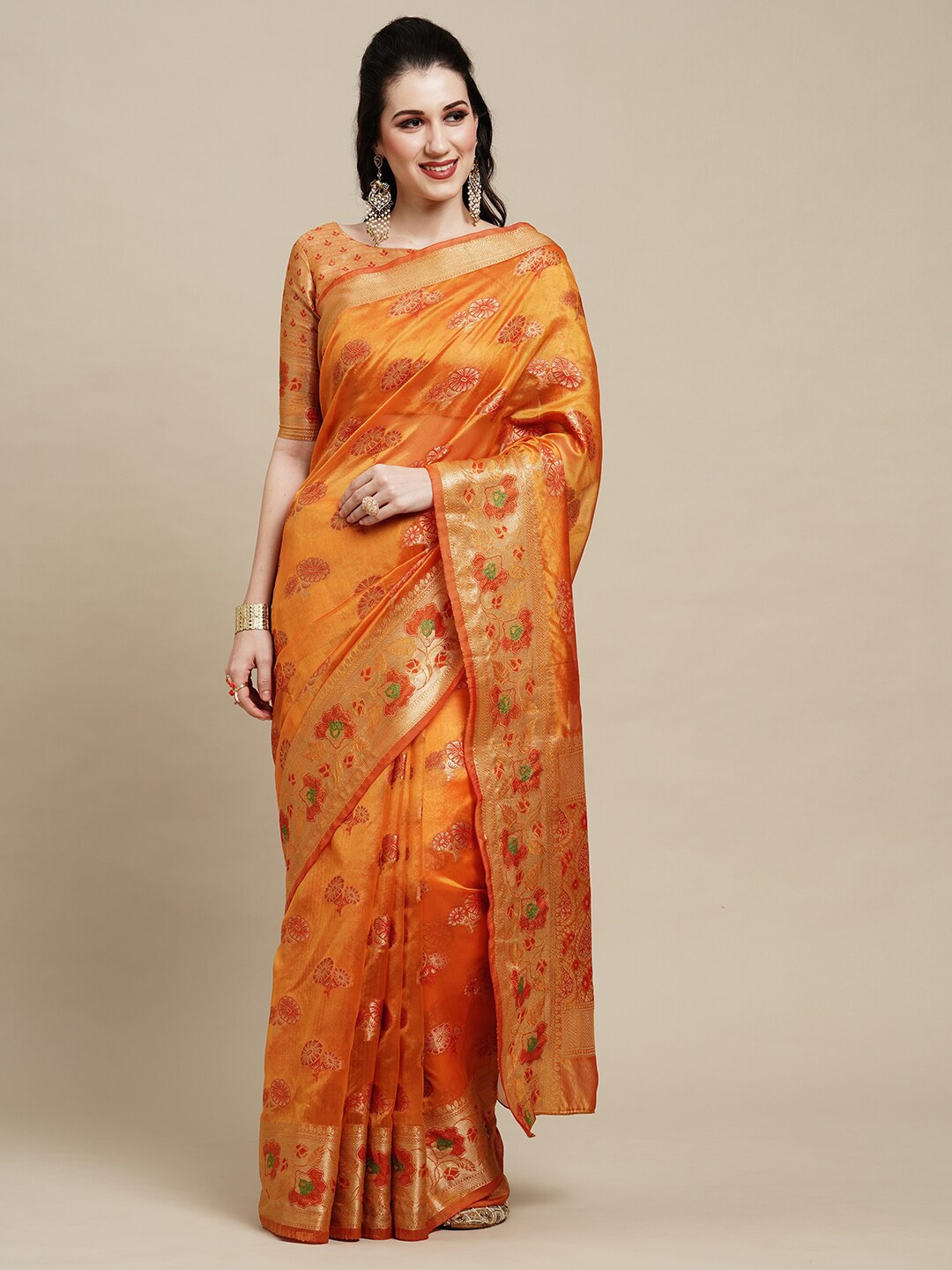 

Saree mall Floral Woven Design Zari Organza Banarasi Saree, Mustard