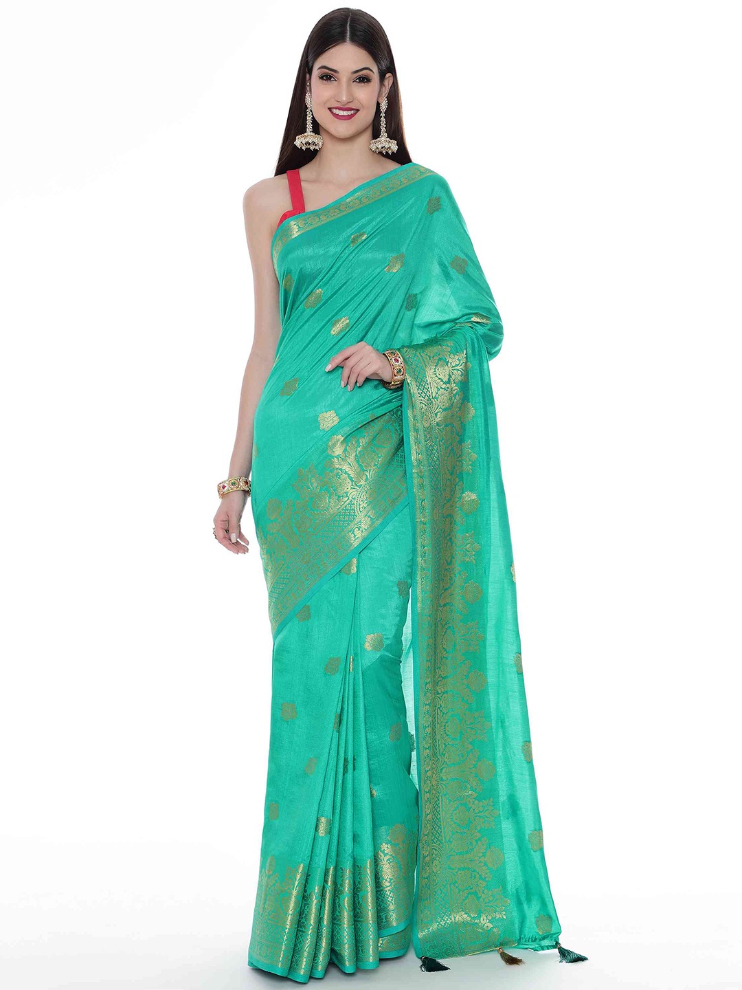 

elora Floral Woven Design Zari Bhagalpuri Saree, Turquoise blue