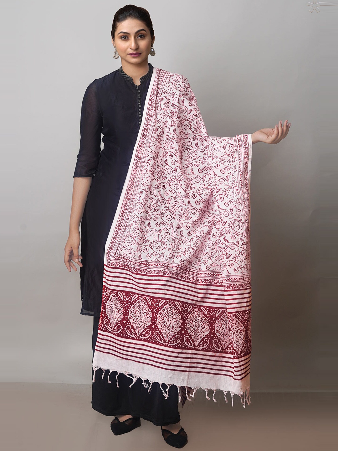 

Unnati Silks Ethnic Motifs Printed Pure Cotton Block Print Dupatta, White