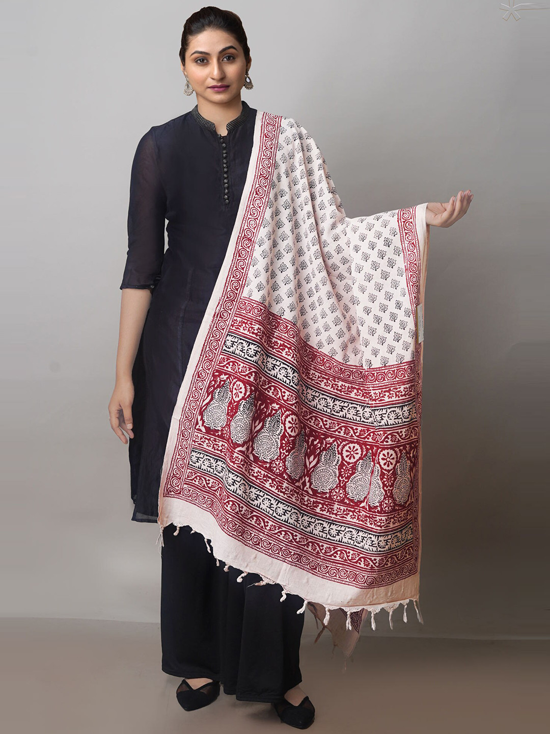 

Unnati Silks Ethnic Motifs Printed Pure Cotton Block Print Dupatta, White