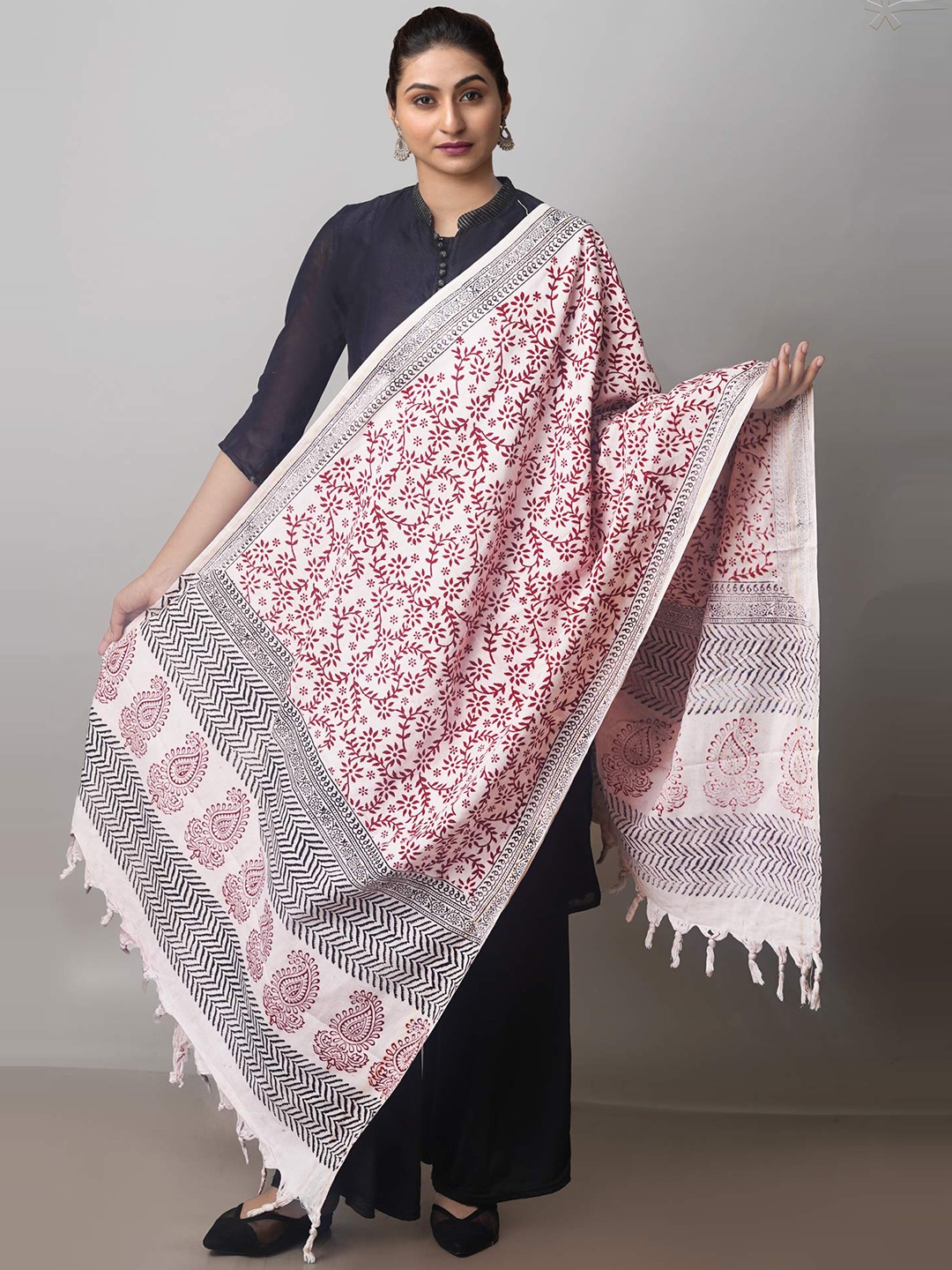 

Unnati Silks Ethnic Motifs Printed Pure Cotton Block Print Dupatta, White