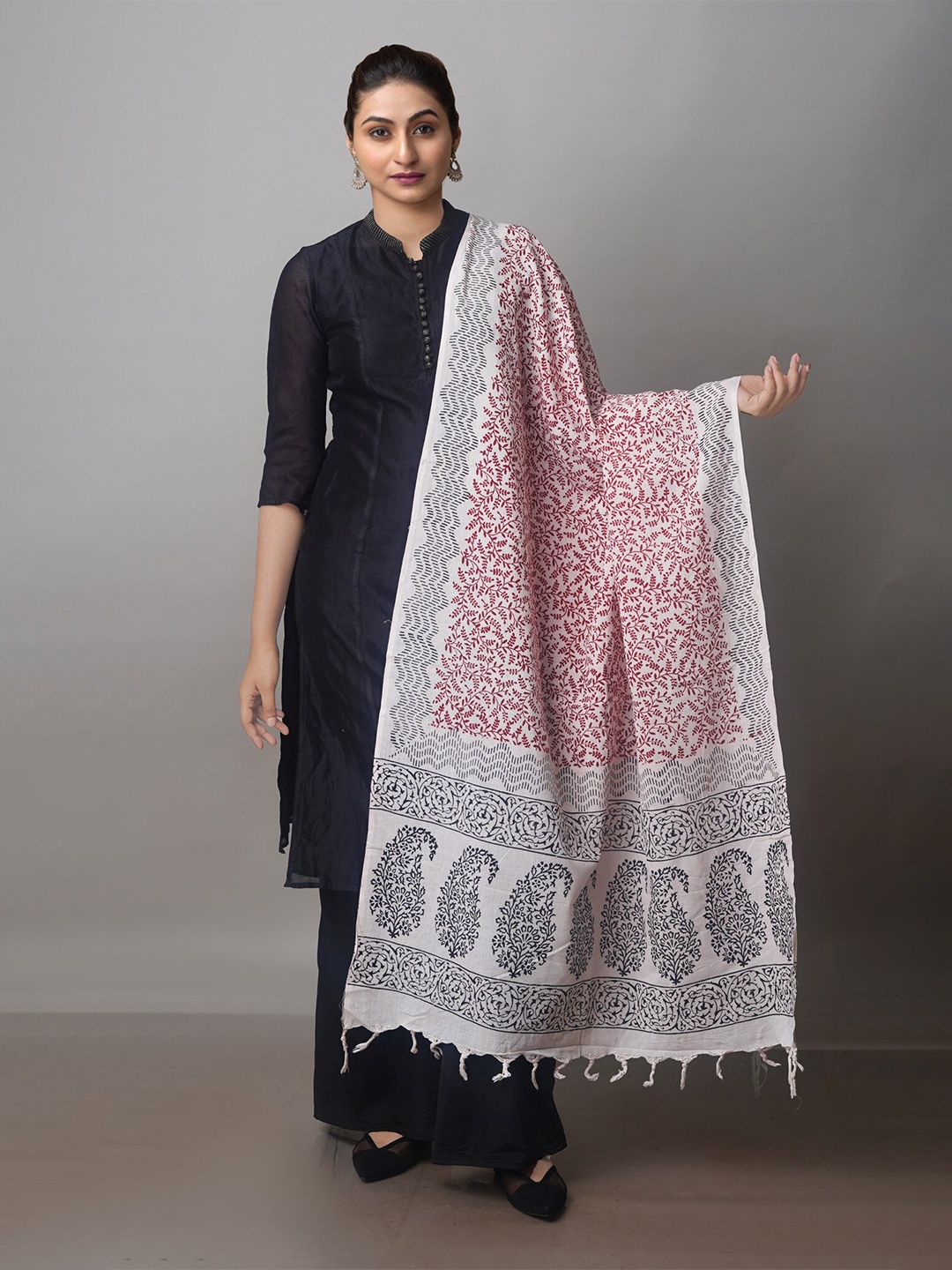 

Unnati Silks Ethnic Motifs Printed Pure Cotton Block Print Dupatta, White