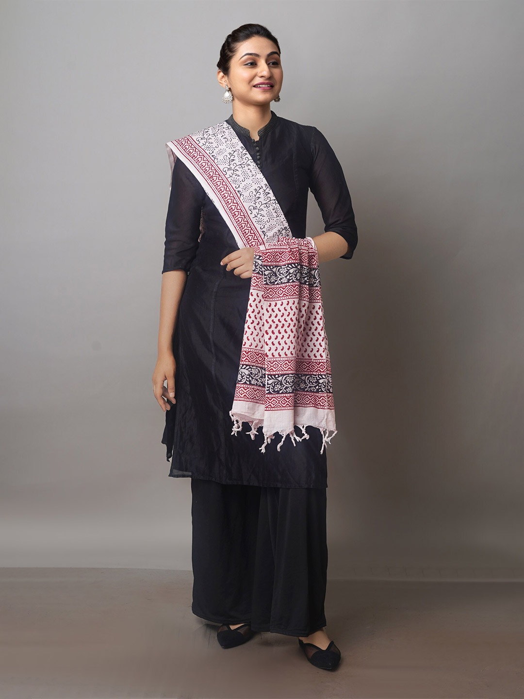

Unnati Silks Ethnic Motifs Printed Pure Cotton Block Print Dupatta, White