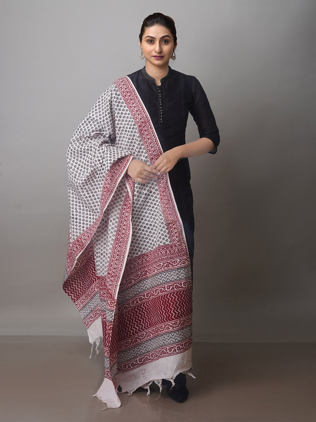 

Unnati Silks Ethnic Motifs Printed Pure Cotton Block Print Dupatta, White