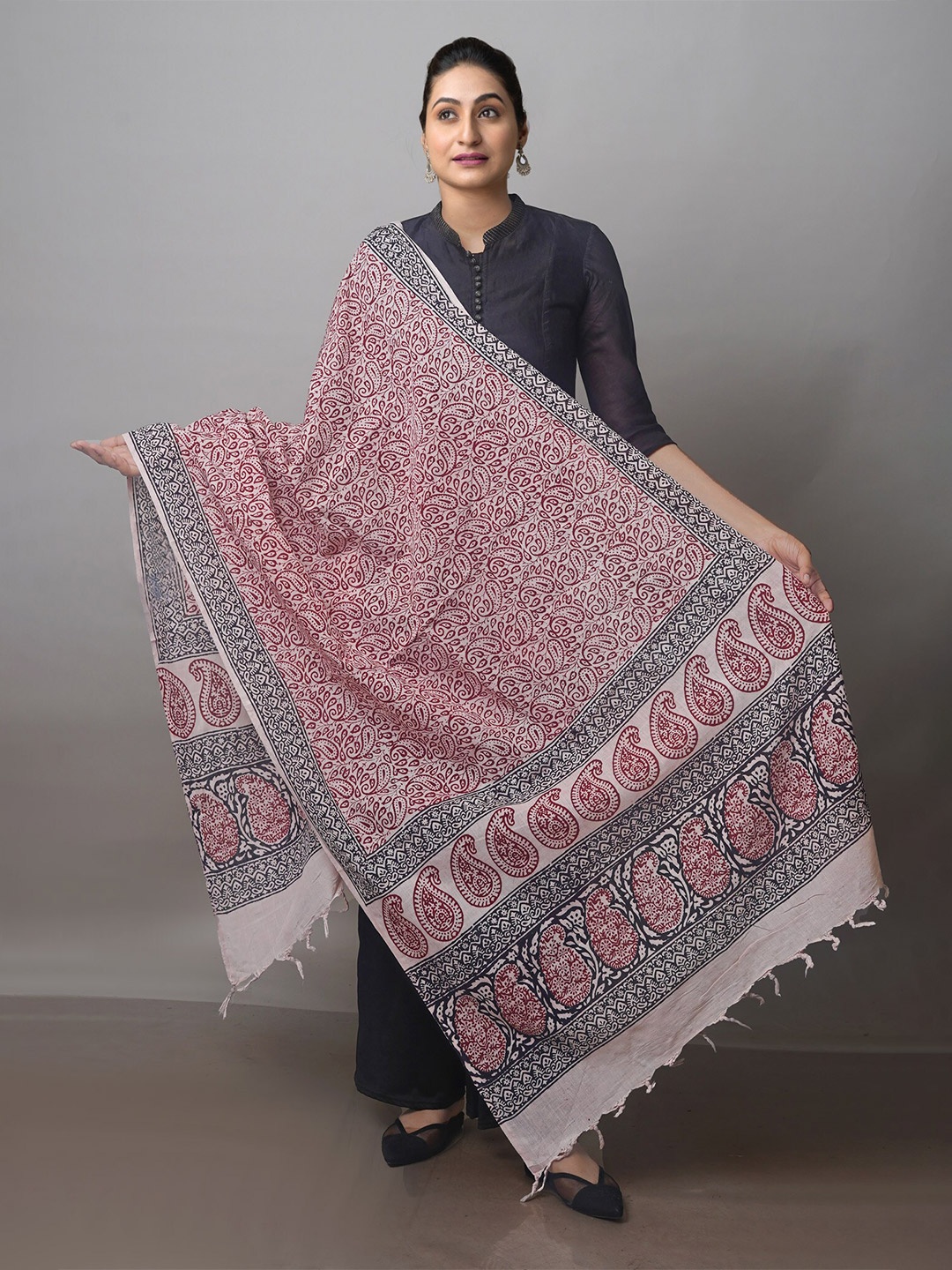 

Unnati Silks Ethnic Motifs Block Printed Pure Cotton Dupatta, White